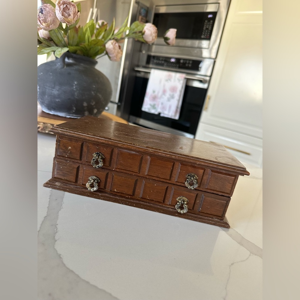 Vintage Wooden Jewelry Box With Yellow Felt Interior Ornate Handles